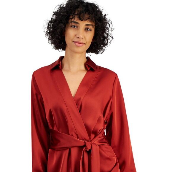 NWT Tahari ASL Collared Long-Sleeve Wrap Dress DEM401-T4 Brick Red Orange 4 - Picture 2 of 9